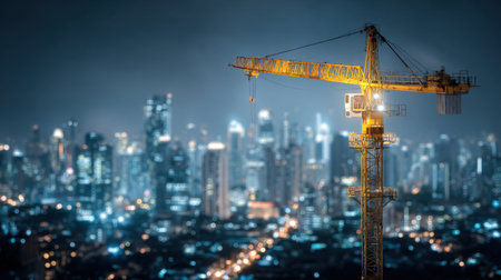 A striking image of a crane against a vibrant city skyline at night, showcasing the bright city lights and the ongoing construction activities in the urban environment.の素材