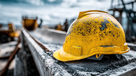 A vibrant yellow construction helmet sits on a concrete barrier, symbolizing safety at a construction site, with machinery and workers visible in the background.の素材