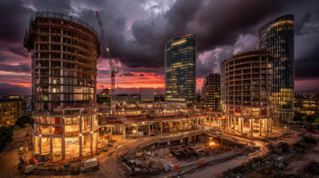 A stunning view of modern urban construction showcasing towering buildings and cranes against a vibrant sunset. The image captures the essence of growth and development in the city.の素材
