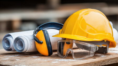 A collection of essential construction safety gear, including a hard hat, safety glasses, and ear protection, displayed alongside rolled blueprints on a wooden surface.の素材
