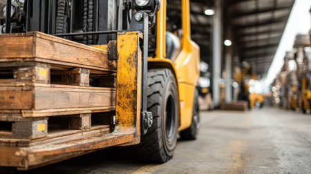 Industrial scene showcasing a forklift maneuvering wooden pallets within a busy warehouse environment, highlighting logistics and material handling efficiency.の素材