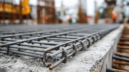 Close-up view of steel reinforcement bars embedded in wet concrete at a construction site, highlighting the essential materials and labor processes involved in building projects.の素材