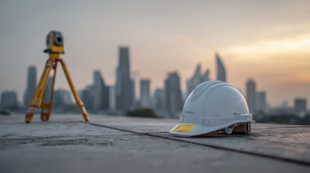 A construction helmet and surveying equipment are positioned on a rooftop with a blurred city skyline at sunset, reflecting themes of safety and urban development.の素材