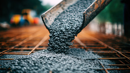 A detailed close-up captures the process of fresh concrete being poured from a shovel onto steel bars, showcasing the precision and effort in construction work.の素材