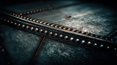 This image showcases a close-up view of a weathered metal surface featuring rivets, highlighting intricate textures ideal for design, industrial themes, or backgrounds.の素材