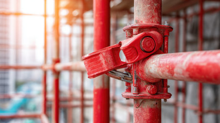 A detailed close-up of a red scaffolding joint captures the essence of construction work, showcasing the materials and support system in an urban environment.の素材