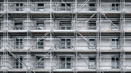 Detailed view of scaffolding surrounding a building under renovation in an urban environment, showcasing steel structures and progress in construction activities.の素材