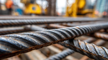 A close-up view of steel rebar showcases its textured surface at a bustling construction site, with heavy machinery subtly blurred in the background, depicting industry and strength.の素材