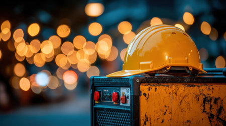 A bright yellow hard hat rests on construction equipment against a backdrop of warm bokeh lights, symbolizing safety and professionalism in urban projects.の素材