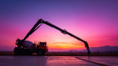 A silhouetted concrete pump truck sits against a stunning sunset, showcasing vibrant purple and orange hues. Ideal for construction and industrial-themed imagery.の素材
