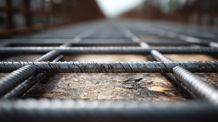 A close-up image showcasing rusty metal grating with distinct geometric patterns on an industrial construction site. Perfect for architectural and design projects.の素材