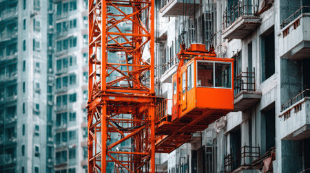 A bright orange construction crane stands prominently next to a partially constructed high-rise building, symbolizing urban development and engineering progress.の素材