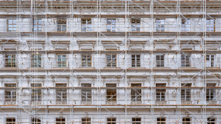 This image depicts a historical building covered in scaffolding, highlighting restoration efforts and renovation activities in an urban setting, focusing on architectural details.の素材