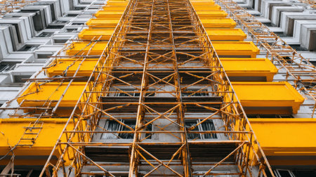 A striking view of a construction site showcasing yellow scaffolding against a tall building. This image captures the intricate details of urban renovation.の素材