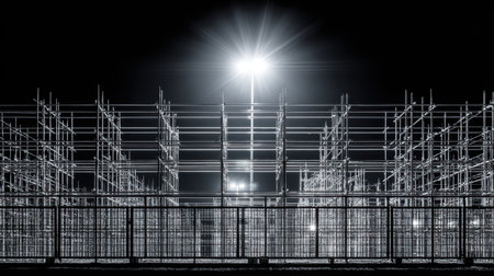 A striking nighttime view of metal scaffolding structures illuminated by bright light, showcasing industrial design against a dark backdrop. Ideal for infrastructure themes.の素材