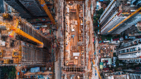 Captured from above, this image showcases a bustling construction site surrounded by urban buildings, featuring cranes, scaffolding, and ongoing developments under clear skies.の素材