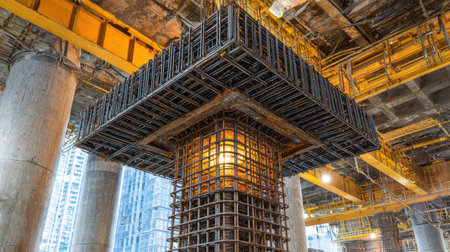 This image captures the intricate details of a construction site featuring a robust column with a steel rebar framework, highlighting the essential components of building infrastructure.の素材