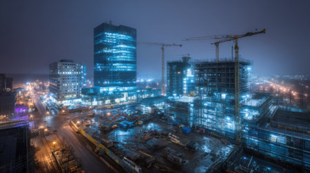 A stunning nighttime view of a construction site featuring high-rise buildings and cranes, illuminated by vibrant lights against the dark urban landscape.の素材