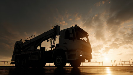 A striking silhouette of a heavy-duty truck with a hydraulic arm at sunset, creating a dramatic scene. Ideal for themes of construction, industry, and urban landscapes.の素材