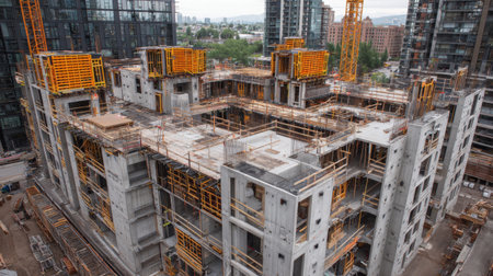 Aerial view of a construction site featuring an incomplete building surrounded by scaffolding and cranes, highlighting the intricate process of urban development and architecture.の素材