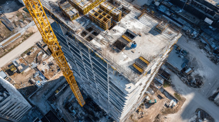 Aerial view of a construction site featuring a tall building in progress with a yellow crane, showcasing various construction materials and urban development activities.の素材