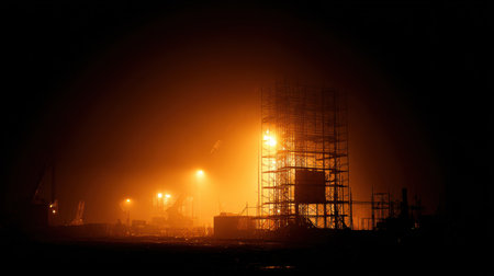 A dramatic view of an industrial construction site shrouded in fog, with towering scaffolding and warm orange lights creating an atmospheric night setting.の素材