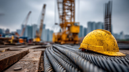 A yellow hard hat rests on steel rods at an industrial construction site, with machinery and a city skyline under a cloudy sky, symbolizing safety and development.の素材