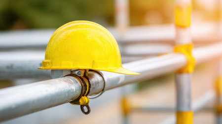 A vibrant yellow construction helmet rests on a metal scaffold, reflecting safety and teamwork in the construction industry. Ideal for projects related to building and engineering.の素材