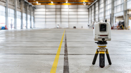 A precision surveying instrument is placed on a tripod in an expansive industrial warehouse, showcasing a clear floor with distinct lines and a spacious environment.の素材