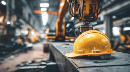 A yellow hard hat rests on a steel beam in a busy construction site filled with heavy machinery. The image highlights safety in the industrial environment.の素材