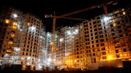 A vibrant nighttime scene of a construction site showcasing illuminated buildings with bustling activity. The scene emphasizes urban development and engineering innovation.の素材