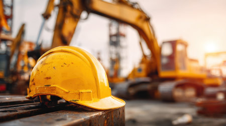 A close-up view of a yellow safety helmet placed on a workbench at a construction site, with excavators and machinery visible in the background during sunset.の素材