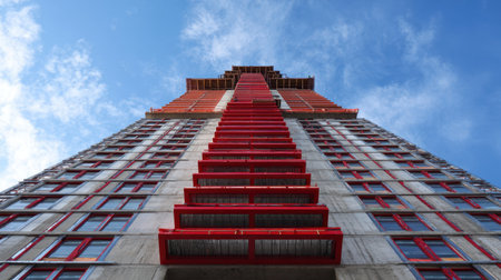 Captivating view of a modern building under construction, featuring striking red elements against a clear blue sky, highlighting innovative urban architecture and design.の素材