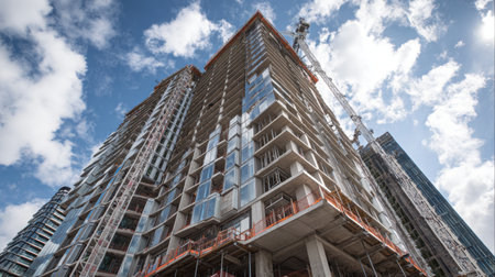 A striking modern high-rise building under construction showcases cranes and glass facades against a backdrop of vibrant clouds and a clear blue sky.の素材
