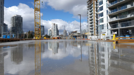 A vibrant urban construction site featuring freshly poured concrete reflecting a dramatic cloudy sky, showcasing modern architecture and construction work in progress.の素材