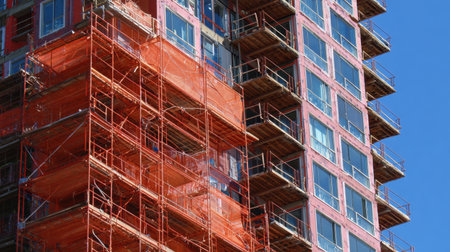 Detail of a construction site featuring scaffolding wrapped in orange netting on a tall building under a clear blue sky, showcasing urban development activities.の素材