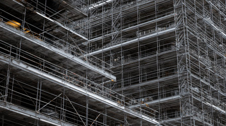 An intricate view of scaffolding showcasing robust metal beams and support systems used at a construction site, illustrating the complex framework and urban development.の素材