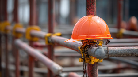 A bright orange safety helmet rests on scaffolding tubes at a construction site, symbolizing the importance of workplace safety and protection in the building industry.の素材