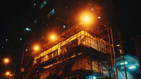 A vibrant construction site illuminated by orange lights in the night, showcasing the dynamic environment of urban renovation and infrastructure development.の素材