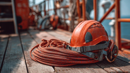 A vibrant orange safety helmet rests next to a coiled rope on a wooden dock aboard a ship. The maritime setting showcases essential safety equipment used by workers in the industry.の素材
