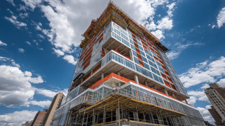A modern construction site featuring a high-rise building under development. The structure has a glass facade and scaffolding, set against a bright blue sky with clouds.の素材