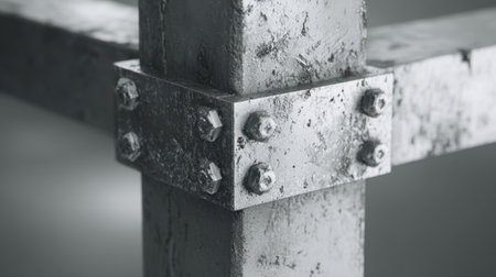 This image captures a close-up view of a rusty metal joint secured with bolts and nuts, highlighting the intricate details and textures of industrial design.の素材