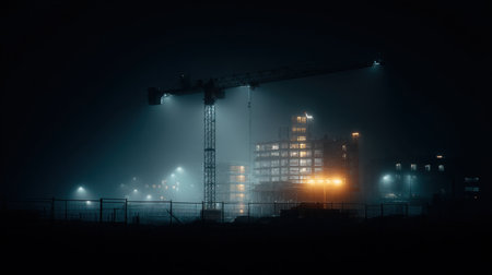An atmospheric view of a construction site at night, shrouded in fog, featuring a crane, illuminated buildings, and a vibrant urban setting that captures industrious energy.の素材