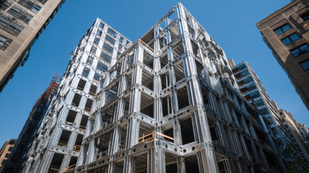 High-rise steel framework rises against a clear blue sky, showcasing urban construction and architectural development in progress, symbolizing modern growth and innovation.の素材