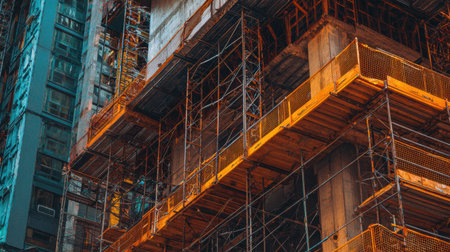 A close-up view of an urban construction site featuring steel scaffolding and concrete framework, showcasing the dynamic process of building development in a city.の素材