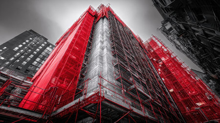 A striking view of an urban construction site featuring a building surrounded by scaffolding and red safety mesh under a dramatic monochrome sky.の素材