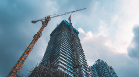A towering construction site showcases a high-rise building reaching towards a cloudy sky, capturing the essence of urban development and modern engineering.の素材