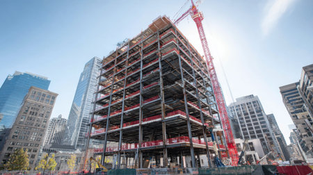 A vibrant construction site showcases a modern building rising with a steel framework and a crane, set against a bright urban background, highlighting progress and innovation.の素材