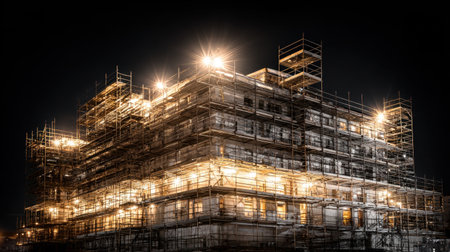 A striking nighttime image of a busy construction site illuminated by bright lights. The scaffolding shows the architectural progress and urban development underway.の素材