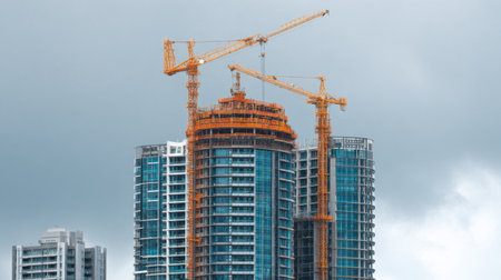 A striking view of a modern skyscraper under construction with cranes towering above, set against a dynamic cloudy sky, emphasizing urban development and architectural progress.の素材